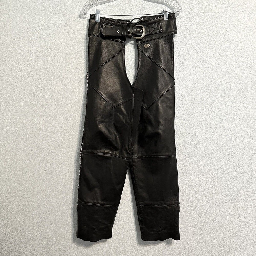 Harley Davidson Women’s Size Medium Black Leather Chaps Zip Snap Vintage USA